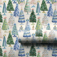 Watercolor Blue White Holiday Gift Wrap, Chinoiserie Christmas Tree Wrapping Paper, Elegant Festive Tree Wrapping Paper, Xmas Gift Wrap