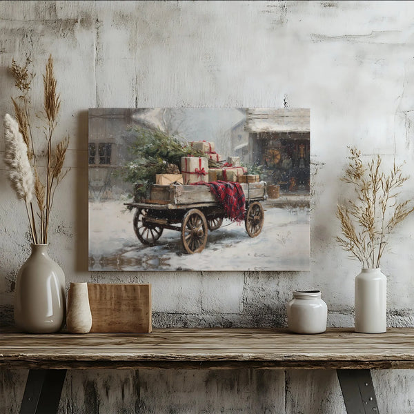 Snowy Christmas Canvas Print, Vintage Christmas Wagon Wall Art, Rustic Winter Digital Download, Farmhouse Holiday Decor, Xmas