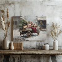 Snowy Christmas Canvas Print, Vintage Christmas Wagon Wall Art, Rustic Winter Digital Download, Farmhouse Holiday Decor, Xmas Tree Art