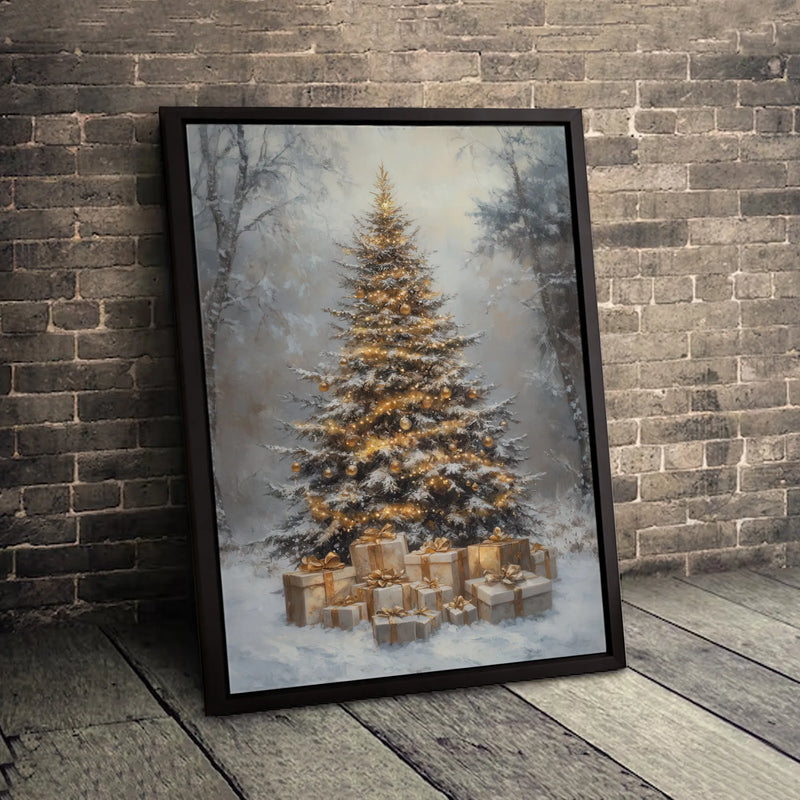 Snowy Winter Forest Canvas Print, Christmas Tree Canvas Wall Art, Gold Gift Box Holiday Canvas, Rustic Winter Landscape Wall Decor Art