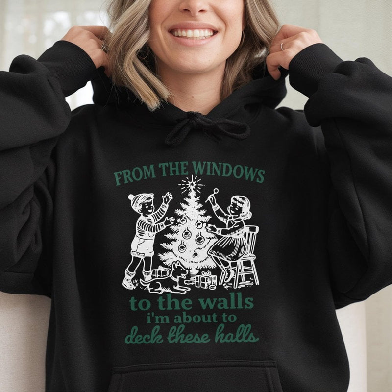 Humorous Christmas Song Lyrics Hoodie, Deck the Halls Hoodie, Holiday Party Hooded Sweatshirt, Comfy Winter Graphic Hoodie, Xmas Present for Her