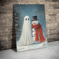 Spooky Christmas Winter Canvas Print, Ghost and Snowman Canvas Wall Art, Whimsical Holiday Ghost Wall Art, Adorable Winter Wall Decor