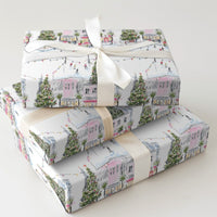 Watercolor Ice Skating Rink Gift Wrap, Christmas Village Wrapping Paper, Winter Wonderland Wrapping Paper Roll, Holiday Present Decor Wrap