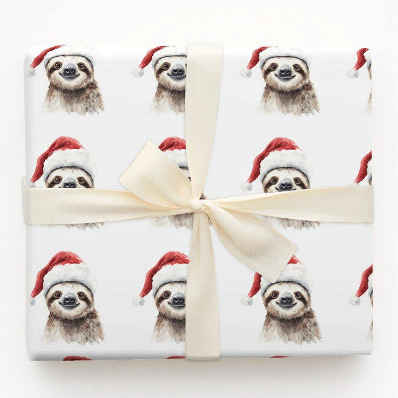 Watercolor Santa Hat Gift Wrap, Christmas Sloth Wrapping Paper, Adorable Animal Holiday Wrapping Paper, Festive Kids Xmas Wrap Roll