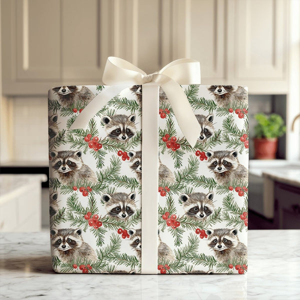 Woodland Animal Gift Wrap Paper, Watercolor Raccoon Christmas Wrapping Paper, Adorable Nature Holiday Wrapping Paper, Xmas Gi