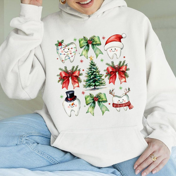 Holiday Dentist Graphic Hoodie, Adorable Tooth Dental Christmas Hoodie, Dental Hygienist Xmas Sweatshirt, Dental Assistant Ho