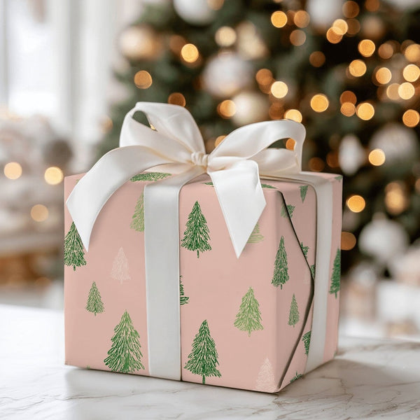 Hand Drawn Pine Tree Gift Wrap, Blush Pink Christmas Wrapping Paper, Modern Winter Trees Present Paper, Rustic Minimalist Wra
