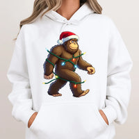 Humorous Sasquatch Sweatshirt, Bigfoot Christmas Lights Hoodie, Retro Xmas Bigfoot Hoodie, Santa Hat Graphic Hooded Sweater, Holiday Present
