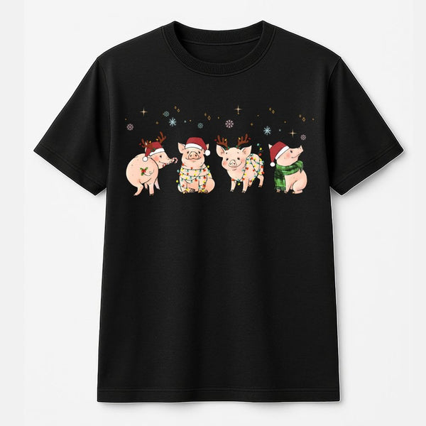 Adorable Christmas Pigs Graphic Tee, Merry Pigmas T-Shirt, Humorous Farm Animal Reindeer Shirt, Pig Lover Holiday T-Shirt, Fa