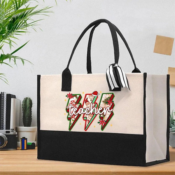 Festive Holiday Teacher Bag, Teacher Christmas Cotton Tote Bag, School Winter Canvas Shopper Bag, Adorable Educator Present, 