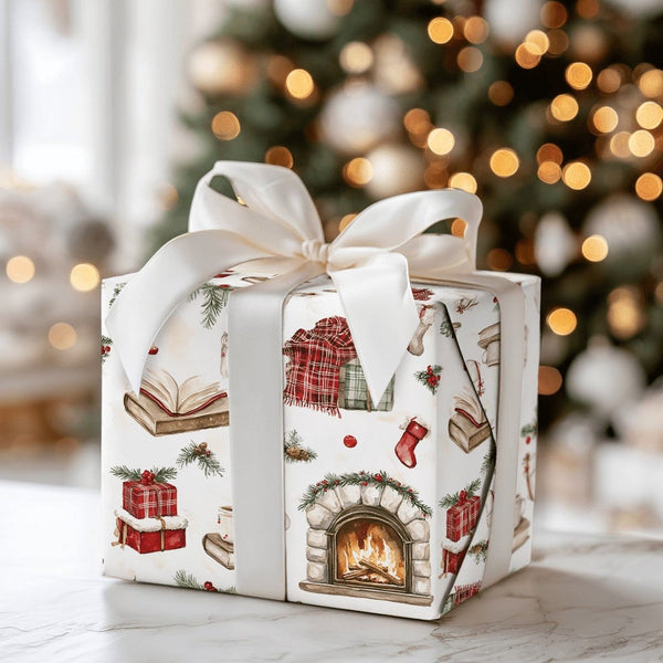 Book Lover Holiday Gift Wrap, Comfy Fireplace Christmas Wrapping Paper, Rustic Winter Books Stockings Wrapping Paper, Festive