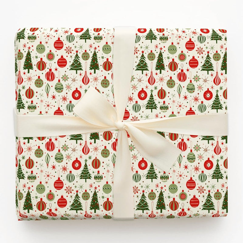 Mid-Century Ornament Gift Wrap, Retro Christmas Wrapping Paper, Vintage Tree Holiday Wrapping Paper, Festive Christmas Paper Roll