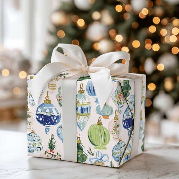 Watercolor Bauble Christmas Wrapping Paper, Vintage Ornament Wrapping Paper, Retro Holiday Gift Wrap Roll, Elegant Xmas Tree 