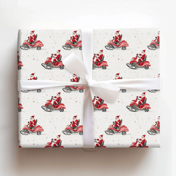 Watercolor Santa Gift Wrap, Santa Claus Snowmobile Wrapping Paper, Red Snowmobile Christmas Wrapping Paper, Whimsical Holiday