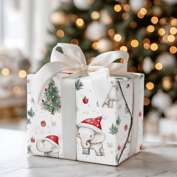 Santa Hat Holiday Gift Wrap, Baby Elephant Christmas Wrapping Paper, Adorable Watercolor Animal Wrapping Paper, Kids Christma