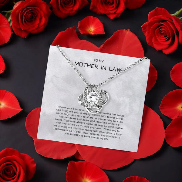 CZ Crystal Love Knot Necklace, Mother in Law Love Knot Necklace, White Gold Finish Knot Necklace, Birthday Christmas Present 