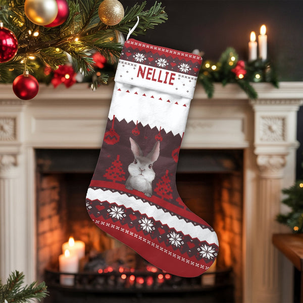 Nordic Rabbit Holiday Stocking, Adorable Bunny Christmas Stocking, Personalized Christmas Stocking, Custom Pet Stocking, Xmas