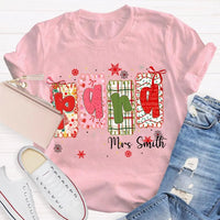 Custom Name Holiday Graphic Tee, Personalized Color Block Christmas T-Shirt, Matching Family Xmas Shirt, Festive Present Top