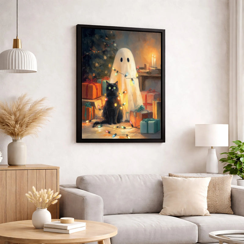 Whimsical Christmas Lights Printable Wall Art, Ghost and Black Cat Digital Download, Spooky Holiday Canvas Print, Comfy Winter Decor Poster