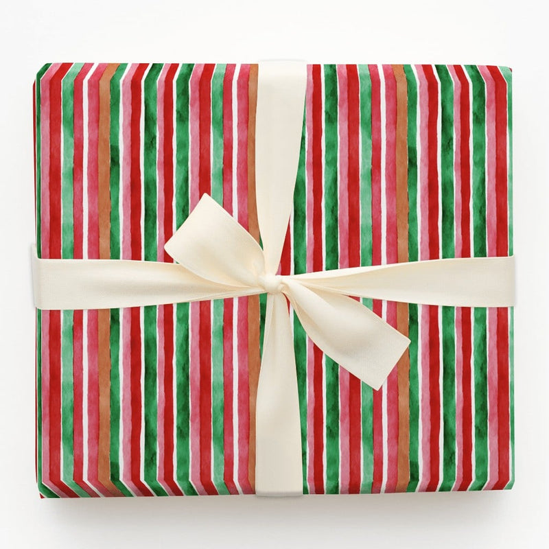 Red and Green Stripe Gift Wrap, Watercolor Striped Christmas Wrapping Paper, Holiday Wrapping Paper Roll, Festive Xmas Gift Wrap Paper