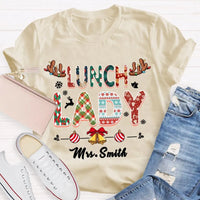 Custom Cafeteria Staff Holiday Shirt, Personalized Lunch Lady Christmas T-Shirt, Snowflake Bells Xmas Graphic Tee, School Worker Present