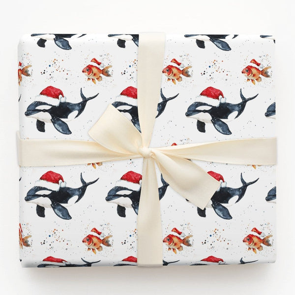 Goldfish Sea Animal Gift Wrap, Orca Killer Whale Christmas Wrapping Paper, Ocean Marine Life Holiday Paper Roll, Festive Chri