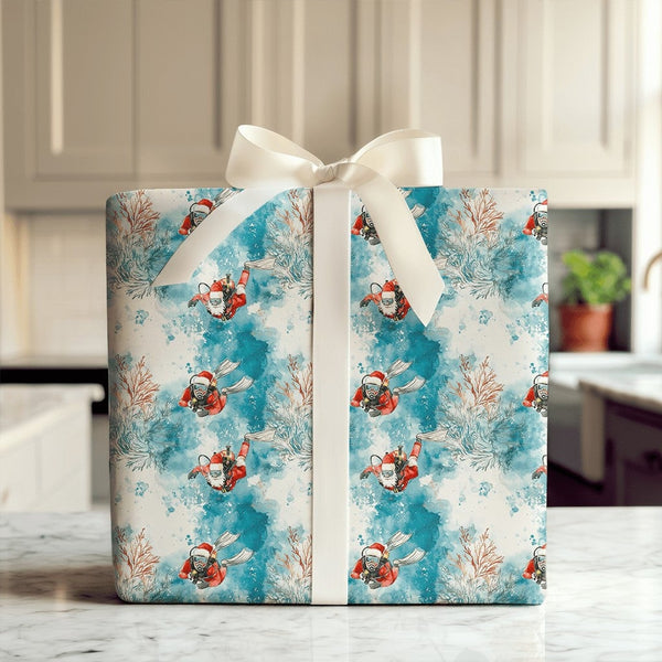 Ocean Coral Holiday Gift Wrap, Watercolor Scuba Santa Wrapping Paper, Scuba Diver Christmas Wrapping Paper, Underwater Gift W