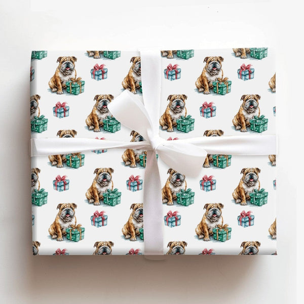 Watercolor Dog Holiday Gift Wrap, English Bulldog Christmas Wrapping Paper, Festive Puppy Wrapping Paper Roll, Dog Lover Xmas