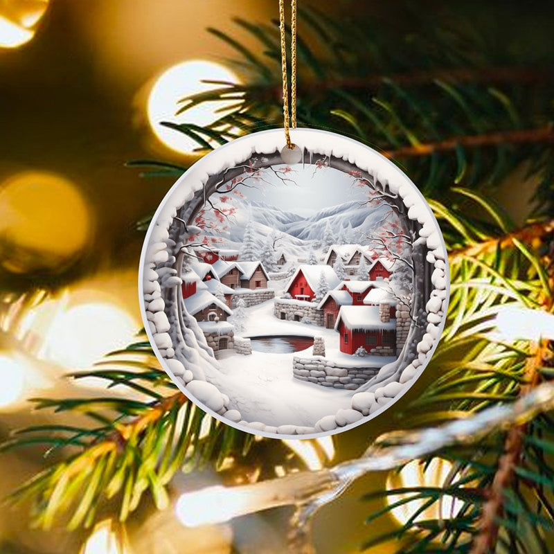 Red House Mountain Landscape Ceramic Ornament, Snowy Winter Village Ornament, Comfy Christmas Tree Scene Ornament, Rustic Holiday Decor