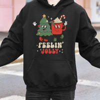 Feelin' Jolly Tree Cocoa Pullover, Retro Christmas Hoodie, Adorable Vintage Holiday Graphic Hooded Sweatshirt, Comfy Winter Season Apparel
