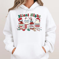 Humorous Medical Nurse Holiday Sweatshirt, Silent Night Christmas Hoodie, Hospital Winter Pullover, Adorable Xmas Hooded Sweatshirt