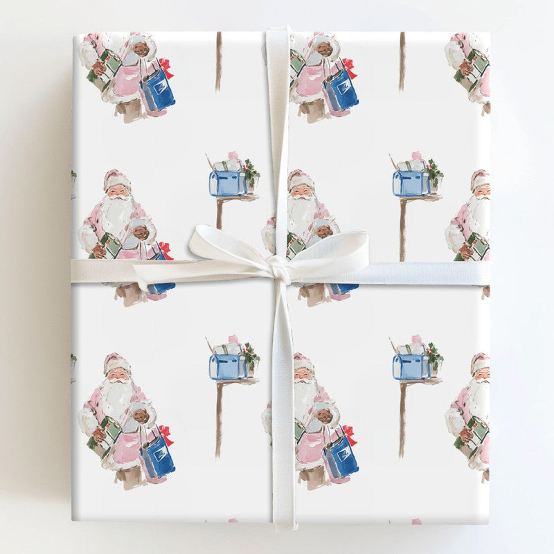 Watercolor Helper Gift Wrap, Pink Santa Wrapping Paper, Inclusive Christmas Paper, Mailbox Holiday Present Wrap, Adorable Xmas Wrapping Paper