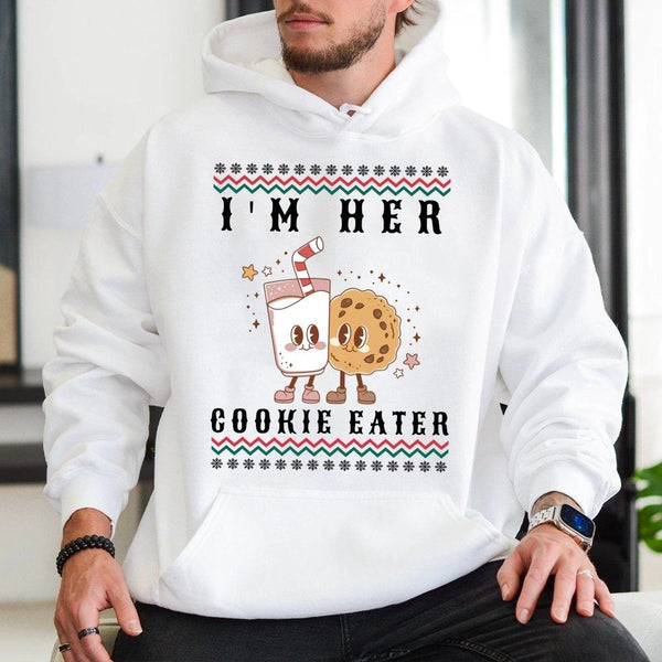 Humorous Matching Christmas Couples Hoodie, Im Her Cookie Eater Hoodie, Adorable Holiday Baking Hooded Sweatshirt, Retro Xmas