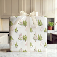 Pink Green Trees Holiday Wrapping Paper, Watercolor Christmas Tree Wrapping Paper, Festive Xmas Wrapping Paper Roll, Modern Winter Gift Wrap