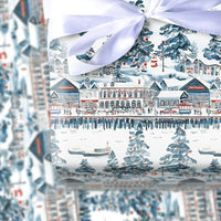 Snowy Harbor Village Gift Wrap, Coastal Christmas Wrapping Paper, Watercolor Nautical Pier Wrapping Paper, Seaside Holiday Gift Wrap Roll