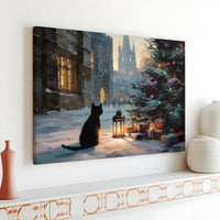 Snowy Winter Street Scene Lantern Poster, Black Cat Christmas Canvas Wall Art, Holiday Kitten Digital Download Print, Cat Lover Xmas Present