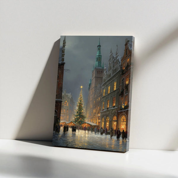 Snowy Old Town Square Canvas, European Christmas Market Canvas Art, Festive Winter Cityscape Wall Art, Christmas Market Canva