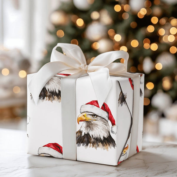 Santa Hat Eagle Gift Wrap Roll, Patriotic Bald Eagle Christmas Wrapping Paper, Holiday Bird Wrapping Paper, American Patrioti