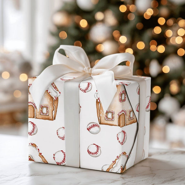 Sports Holiday Gift Wrap, Baseball Gingerbread Christmas Wrapping Paper, Baseball House Wrapping Paper Roll, Xmas Baseball Fa