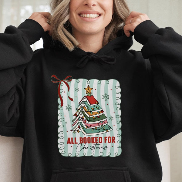 Book Stack Tree Graphic Hoodie, All Booked for Christmas Hoodie, Adorable Bookish Reader Hooded Sweatshirt, Librarian Xmas Pu