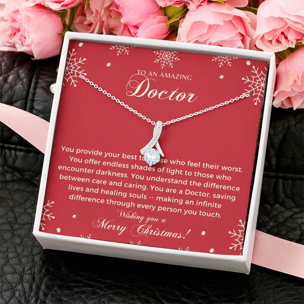 Medical Ribbon Pendant Necklace, Doctor Christmas Necklace, 14k White Gold Over Stainless Steel Jewelry, Meaningful Holiday P