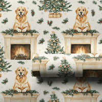 Comfy Christmas Dog Gift Wrap, Golden Retriever Wrapping Paper, Fireplace Tree Wrapping Paper, Holiday Pet Present Wrap, Retriever Present Paper