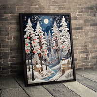 3D Papercut Snowy Forest Cabin Print, Winter Christmas Village Canvas Wall Art, Holiday Wall Decor, Digital Download Poster