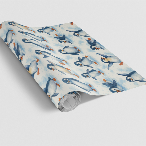 Watercolor Winter Animal Wrapping Paper, Penguin Wrapping Paper, Adorable Penguin Gift Wrap, Holiday Christmas Wrapping Paper