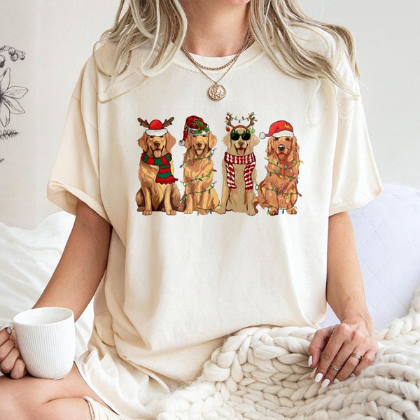 Dog Lover Santa Hat Shirt, Christmas Golden Retriever T-Shirt, Festive Puppy Holiday Tee, Xmas Graphic Tee, Dog Lover Winter 