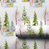 Pastel Tree Christmas Wrapping Paper, Watercolor Forest Wrapping Paper, Snowy Pine Holiday Wrapping Paper Roll, Elegant Xmas Gift Wrap Paper
