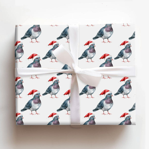 Humorous Holiday Bird Gift Wrap, Santa Pigeon Christmas Wrapping Paper, Quirky Urban Animal Wrapping Paper, Novelty Xmas Gift