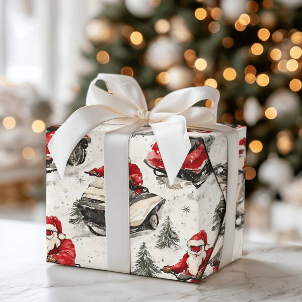 Humorous ATV Santa Gift Wrap, Santa Snowmobile Wrapping Paper, Watercolor Winter Sports Paper, Christmas Outdoor Wrapping Pap