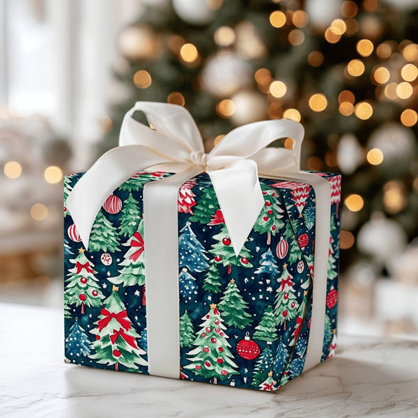 Navy Pine Tree Holiday Gift Wrap, Watercolor Christmas Trees Wrapping Paper, Winter Forest Christmas Wrapping Paper, Holiday 