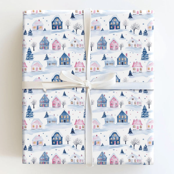 Snowy Cottage Gift Wrap, Winter Village Wrapping Paper, Watercolor Pastel House Christmas Wrapping Paper, Comfy Holiday Town 